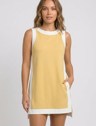 Game day set dress, sleeveless yellow with white side panels and crew neckline