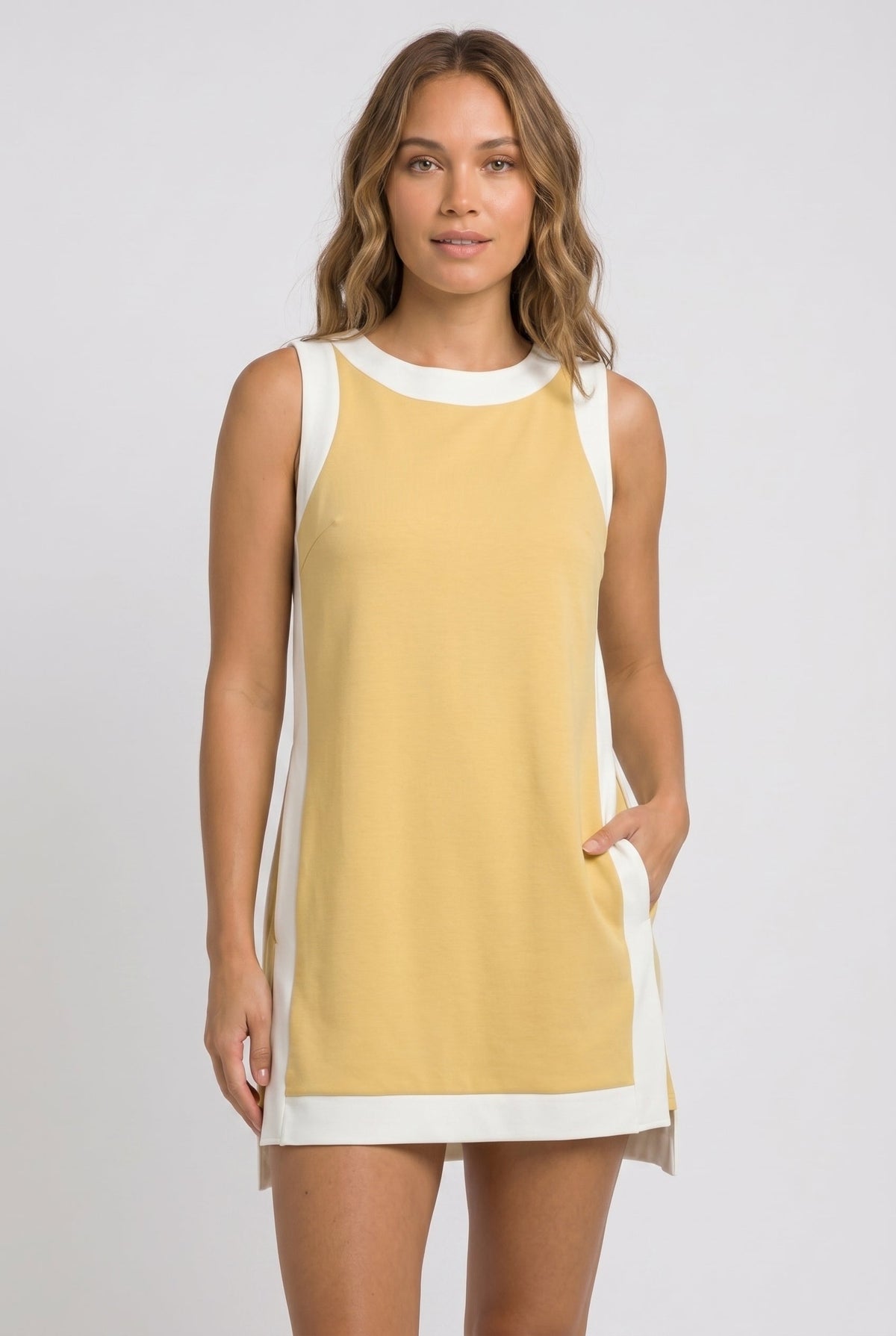 Game day set dress, sleeveless yellow with white side panels and crew neckline